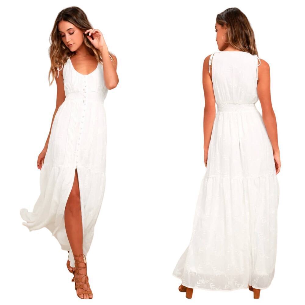 Lulus Dress Time Well Spent Maxi Embroidered Button Sleeveless White XL NEW